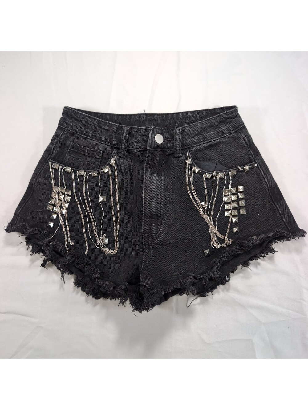 SHEIN Distressed Black Denim Shorts with Silver Studs & Chains - Size XS